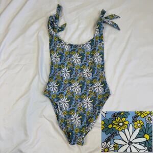 Wildfox Retro Daisy Blue One Piece Swimsuit XS 60s 70s Floral Mod Tie Shoulder